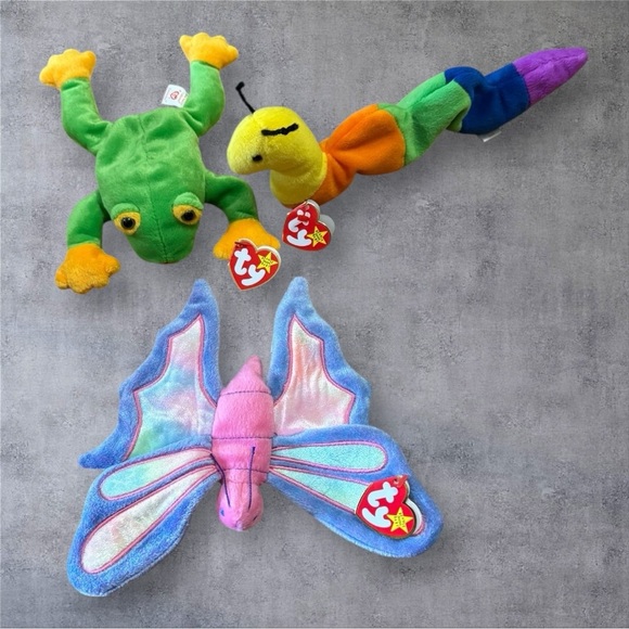 Ty Beanie Babies Green Frog, Rainbow Caterpillar, and Pastel Butterfly Set - NWT - Picture 3 of 3